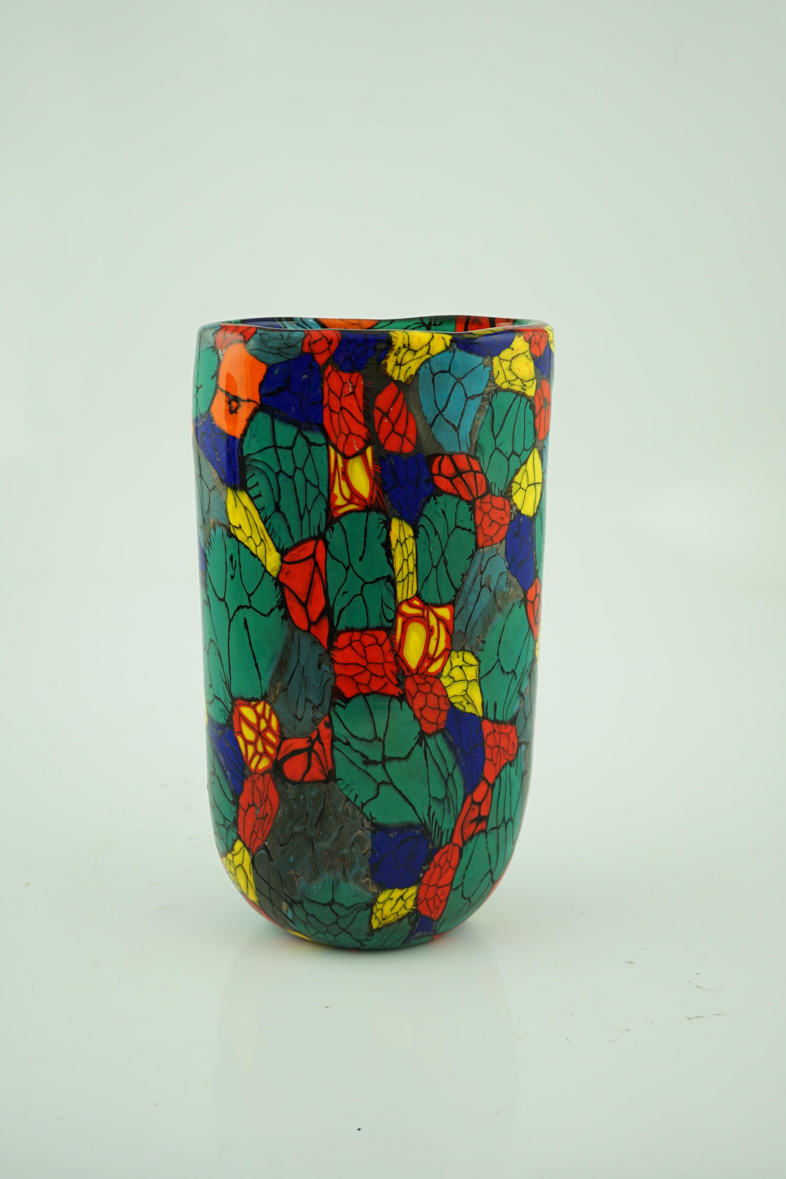 Vittorio Ferro (1932-2012) A Murano glass Murrine vase, cylindrical, with a multicoloured design, signed, 29cm, Please note this lot attracts an additional import tax of 20% on the hammer price